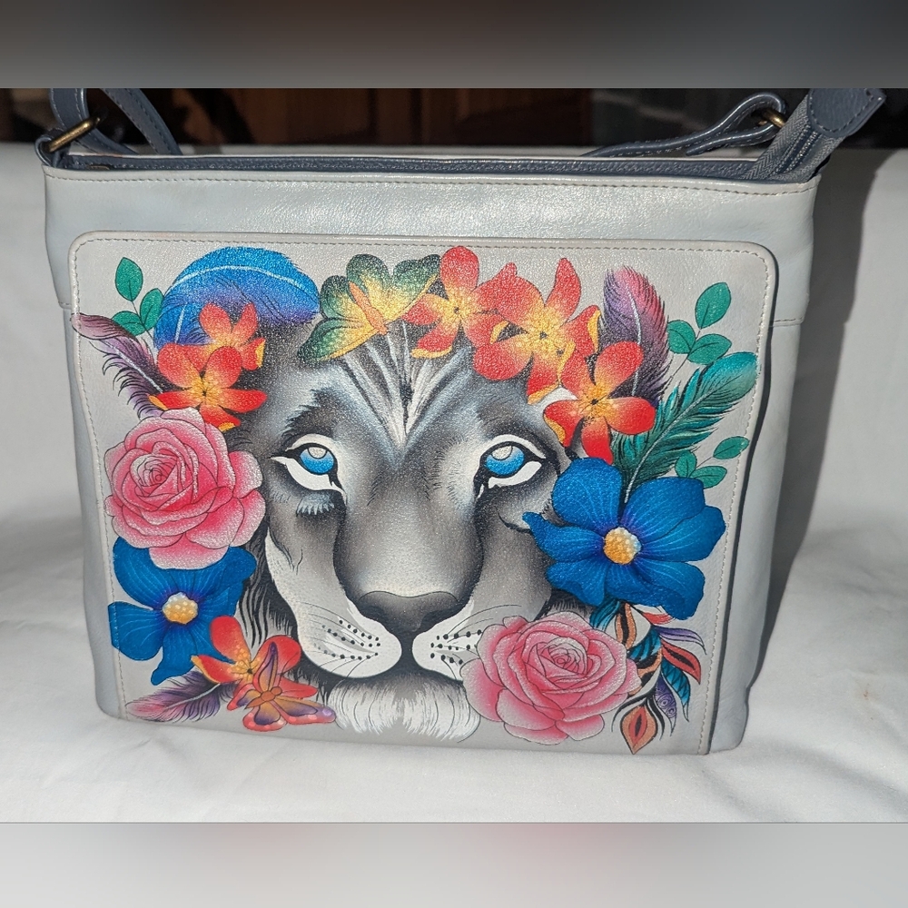 Anuschka Lion Magic Hand Painted RFID  Crossbody Organizer Bag - Floral Art.